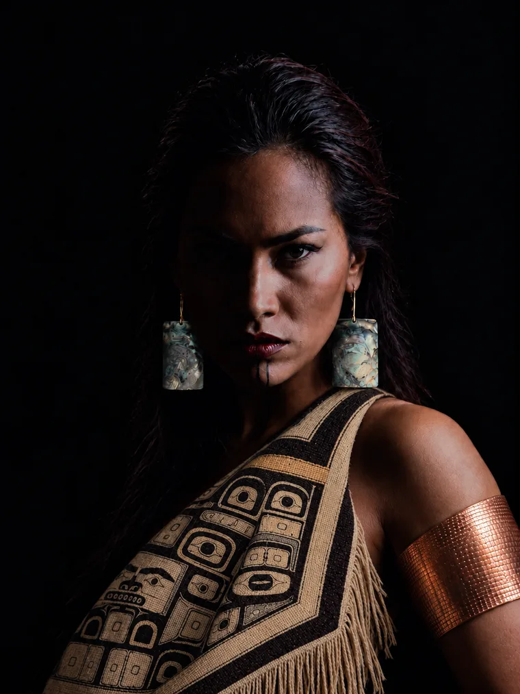 A woman with long dark hair, abalone earrings, a formline-woven robe and a copper armband, lit against black
