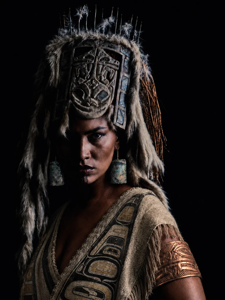 A woman in a carved formline headdress with abalone inlay and white feathers, lit against black