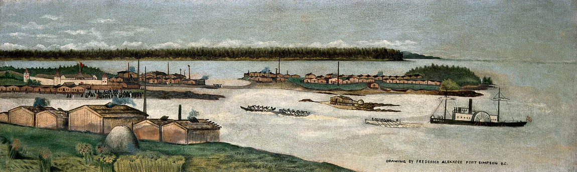 Panoramic drawing of Fort Simpson in 1862 — the stockaded Hudson's Bay Company post, Tsimshian houses along the shore, canoes and a paddle steamer on the water.